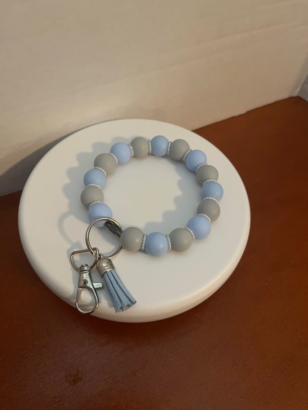 Beaded Wrist Keyring with Light Blue & Gray Beads and Tassel